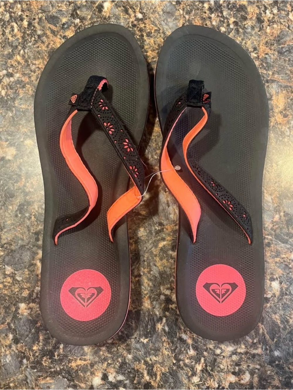 Roxy Black Flip Flops with Coral Accents